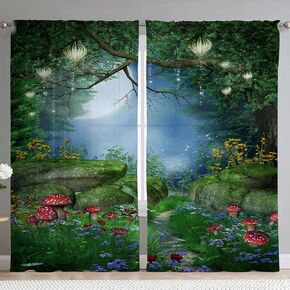 Enchanted Forest Sheer Curtains 84 Inches Length 2 Panels Green Wonderland Lanterns Rod Pocket Window Curtain Dreamy Flowers Plants Night View Printed Chiffon Drapes for Bedroom Living Room
