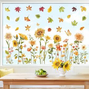 decalmile Autumn Flowers Double Sided Window Clings Thanksgiving Sunflower Maple Leaves Window Decals Anti-Collision Glass Window Doors Window Stickers
