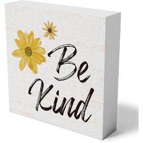 Inspirational Be Kind Wooden Box Sign Decorative Kindness Wood Box Sign Home Office Decor Sunflower Rustic Farmhouse Square Desk Decor Sign for Shelf 5 x 5 Inches
