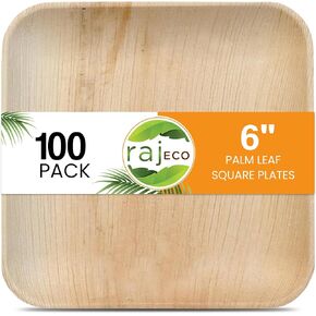 Raj Palm Leaf Plates [100-Pack] 6" Square Plates like Bamboo plates Disposable, Strong, Decorative Compostable Tableware for wedding, Lunch, Dinner, Birthday, Camping, Outdoor BBQ, Picnic