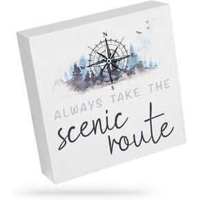 Always Take The Scenic Route - Wood Sign,Street Signs for Bedroom,Rustic Wood Frame Sign,Compass Mountain Art Scene,Travel Traveler Gift,Porch Signs,Gifts for Friend,wood wall decor.