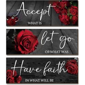 Sintuff 3 Pieces Rose Wall Art Accept Let Go Have Faith Bedroom Wall Decor Rustic Red Floral Wooden Inspirational Quotes Decor Women Bedroom Bathroom Home Hanging Decorations