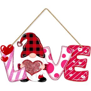 Valentines Day Door Sign Decor Wood, LOVE Letters Gnome Hanging Sign for Front Door Wall Window, Sweet Gnome Welcome Wooden Sign Red Pink Heart Home Decorations in Kuwait