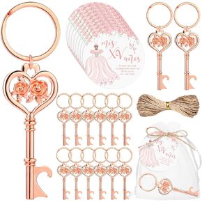 50 Sets Quinceanera Party Favors for Guests Rose Bottle Opener Flower Bottle Opener Keychain with Thank You Cards and Organza Bags 15 Year Old Party Favor Quinceanera Gifts for Guests