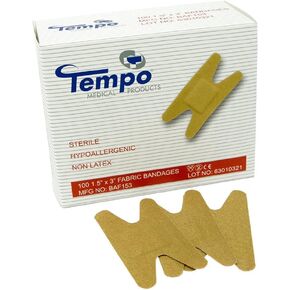 Tempo Adhesive Fabric Knuckle Bandage 1.5" x 3", Sterile, Non Latex, Hypoallergenic, 100 EA/BX & 60 BX/CS, BAF153