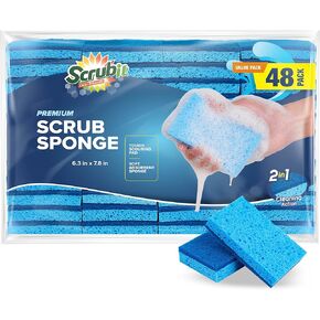 SCRUBIT 48 Pack Kitchen Sponges - Dish Sponge for Washing Dishes, Kitchen & Bathroom – Blue Dishwashing Sponges Along with A Thought Scrubber – Bulk Cleaning sponges Kitchen (Blue)