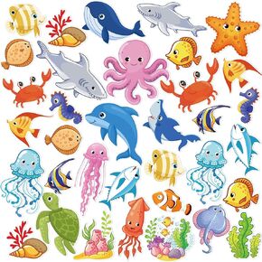 46 Pcs Sea Animal Thick Gel Clings Ocean Theme Window Gel Stickers Ocean Animal Window Gel Decals Underwater Fish Starfish Turtles Window Clings for I Kids Adults Home Classroom Nursery