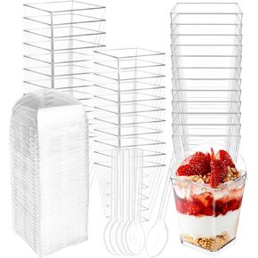 50 Count 5OZ Dessert Cups with Lids and Spoons Square Plastic Dessert Cups Clear Parfait Appetizer Mini Bowls for Tasting Party Desserts Mousse Ice Cream