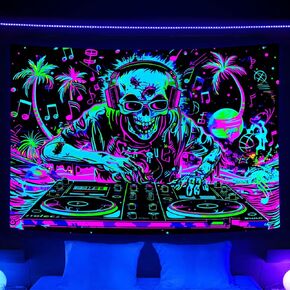 VEIGIKE Cool Gothic Skull Blacklight Tapestry UV Reactive, Funny Trippy Skeleton Music Neon Black Light Art Poster for Men Room Bedroom, Goth Band Hippie Hip Hop Glow In The Dark Party Decor (90X70)