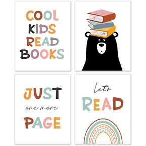BESERH Nursery Book Reading Wall Art Prints Set of 4 - Kids Reading Nook Decor, Reading Classroom Decor, Reading Posters for Classroom, Reading Room Decor, Book Wall Art, 8x10 Inches Unframed
