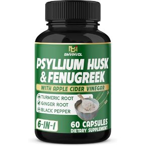 BMVINVOL Psyllium Husk Fiber Supplement t with Fenugreek, Apple Cider Vinegar, Turmeric, Ginger, Black Pepper- Digestion Health Support - 60 Capsules