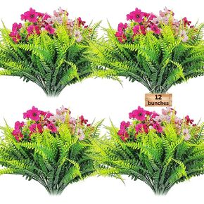 12pcs Fake Fern Plants Faux Boston Ferns,UV Resistant Greenery for Outdoor Front Porch Filler Garden Party Artificial Ferns Stems for Indoor Home Hanging Planter Window Box Decorations(White)