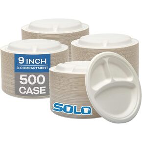 طبق مقسم دائري من ألياف قصب السكر النباتي من SOLO Bare Eco-Forward مقاس 9 بوصة، (4 عبوات من 125، 500 طبق إجمالي)، بديل للأطباق الورقية الصديقة للبيئة للاستعمال مرة واحدة من شركة Solo Cup in Kuwait