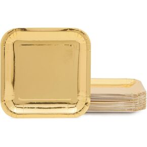 Juvale 48-Pack Gold Square Plates Disposable 7-Inch Paper Plates for Cake, Appetizer, Dessert, Lunch, Anniversary, Holiday, Kids Birthday Party Supplies, Metallic Gold Foil