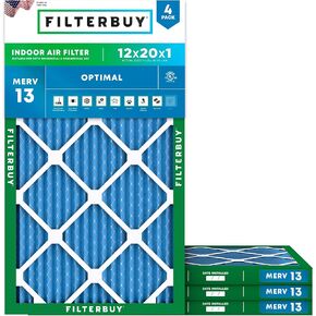 Filterbuy 12x20x1 Air Filter MERV 13 Optimal Defense (4-Pack), Pleated HVAC AC Furnace Air Filters Replacement (Actual Size: 11.50 x 19.50 x 0.75 Inches)