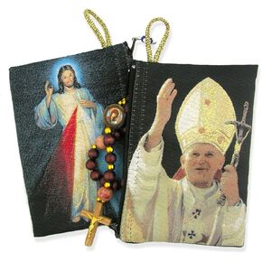 Religious Gifts Saint John Paul II with Divine Mercy Icon Cloth Tapestry Rosary Pouch, 5 3/8 Inch