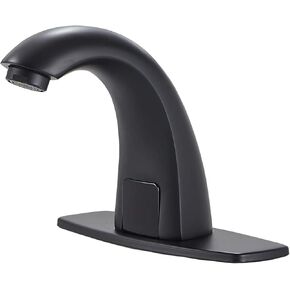 Black Touchless Bathroom Sink Faucet with Drain Stopper Overflow Electronic Sensor Automatic Basin Faucet with Hole Cover Plate Temperature Mixer AC/DC Powered Motion Activated Hands-Free Deck Mount