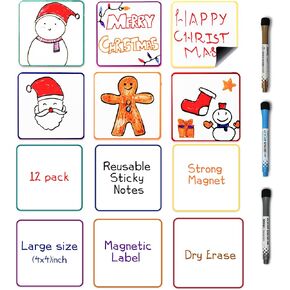 12 PCS Large Size Reusable Sticky Notes 4x4 Inches - Dry Erase Magnetic Labels with 3 Magnetic Dry Erase Markers | Ultimate Office, School Teacher Supplies - Great for Labels, Lists, Reminders