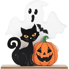 Halloween Decorations Wooden Ghost Table Sign Pumpkin Black Cat Table Centerpieces Standing Tabletop Decoration Happy Halloween for Holiday Desk Tiered Tray Party Shelf Decorations Farmhouse