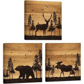 Apicoture Bear Elk Moose Wall Pictures Forest Landscape Hunting Theme Woodland Animal Painting Framed Canvas Artwork Farmhouse Wall Decor 12"x12"x3 Panels