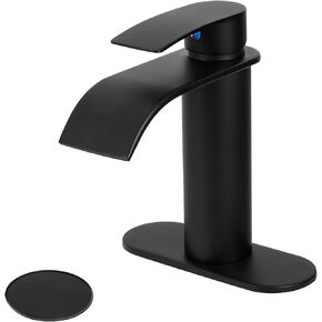 Single Handle Waterfall Spout Bathroom Sink Faucet with Pop Up Drain, 4 Inch Centerset Vanity Faucet, Lavatory Faucet with Deck Plate for 1 OR 3 Hole Easy Installation (Matte Black)