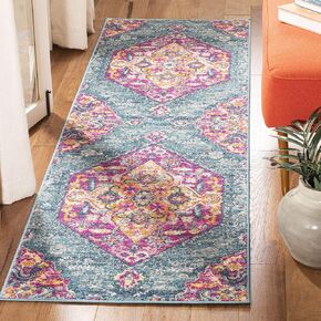 سجادة SAFAVIEH Madison Collection - 2'3" x 6'، أزرق وفوشيا، تصميم ميدالية بوهو شيك، لا يتساقط ويسهل العناية بها، مثالية للمناطق ذات حركة المرور العالية في غرفة المعيشة وغرفة النوم (MAD119C)