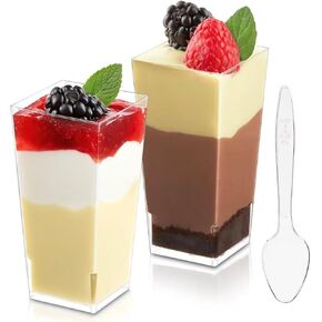 Zezzxu 3 oz Mini Dessert Cups with Spoons, 50 Pack Plastic Square Shooter Cups for Serving Party Desserts Parfait Mousse Pudding Fruit Appetizers