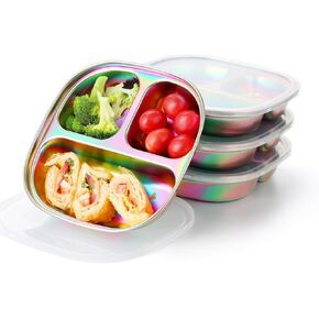 AIEVE Stainless Steel Kids Plates, Pack of 4 Stainless Steel Toddler Plate with Lids