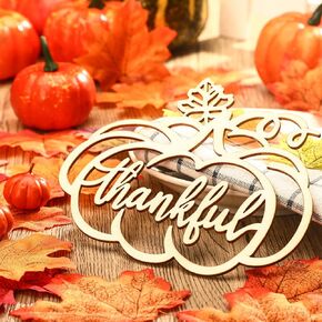 12 Pcs Fall Thanksgiving Thankful Wood Signs Pumpkin Wooden Cutout Plate Decor Place Cards Rustic Table Setting Decorations Table Decor Farmhouse Thankful Wood Cutout for Dining Table