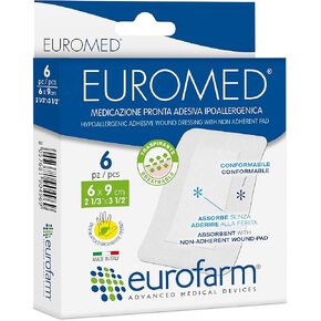 Euromed–2 1/3 x 3 1/2 بوصة تضميد الجروح اللاصق بعد العملية الجراحية، تثبيت آمن وآمن، وسادة مركزية ماصة، قدرة عالية على التكيف (6 قطع لكل صندوق)