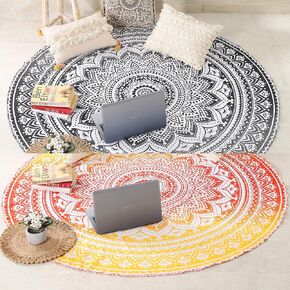 Popular Handicrafts Round Tapestry Wall Hanging Ombre Hippie Mandala Bohemian Hippy Intricate Indian Tapestries Tablecloth 68 Inches (173cm) Black Grey & Yellow