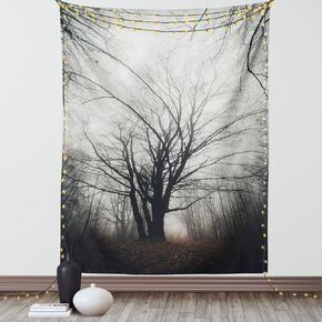 Ambesonne Nature Tapestry, Vertical Photo of Autumn Tree in Dark Haunted Foggy Mist Mysterious Forest Picture Print, Wall Hanging for Bedroom Living Room Dorm Decor, 60" X 80", Grey