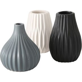 Iconic Stoneware Vases, Set of 3, Fluted, Ceramic, Color Soaked Grey, Black, And White, Glazed Finish, 3.25 D x 5.5 H inches, 0.5 lbs (8 D x 14.0 H cm, 266 grams) Modern Home Decor