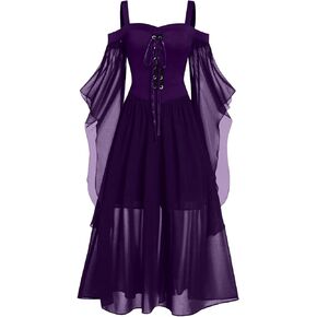 Medieval Costume Women Plus Size Butterfly Sleeve Halloween Maxi Dress Vintage Vampire Witch Cosplay Gothic Dress Gown Vintage Dress Halloween Dresses for Women Plus Size (Dark Purple,XXXL) HL112