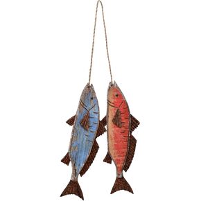 Morning View Wooden Fish Decor Hanging Wood Fish Decorations for Wall Rustic Hanging Nautical Fish Decor Wall Hanging Fish Ornament Beach Theme Home Decor Fish Wall Sculpture Red and Blue (Set of 2)