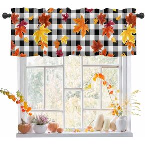Kitchen Cafe Valance Curtain for Small Windows,Thanksgiving Farm Harvest Rod Pocket Blackout Curtains,Fall Maple Leaves on Buffalo Plaid Darkening Window Treatment for Living Room Bedroom Bathroom