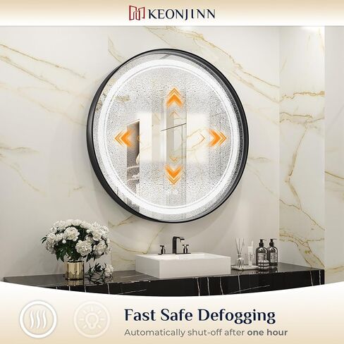 مرآة مستديرة LED مقاس 30 بوصة من Keonjinn للحمام، إطار أسود مصقول بإضاءة أمامية 3 درجات حرارة ملونة، مرآة دائرة مضاءة، مرآة زينة دائرية مؤطرة للجدار، مضيئة وقابلة للتعتيم CRI 90+ in Kuwait