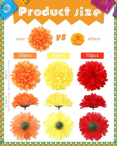 40Pcs Large Marigold Flower Heads Bulk 4 inch, Silk Marigold Artificial Flowers for Diwali Home Decor, Spring Bush Floral, Indian Décor for Pooja, DIY, Wedding Christmas(Multi Color) in Kuwait