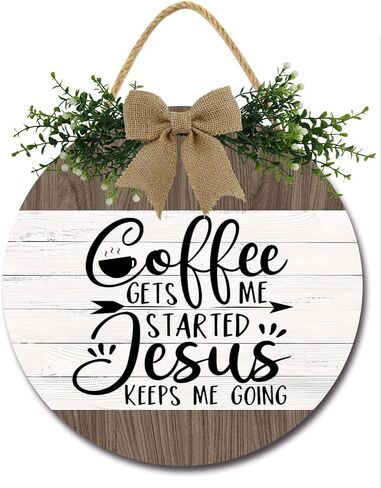 Coffee Get Me Started Jesus Keeps Me Going Sign for Coffee Bar Decor Rustic Farmhouse Wooden Round Coffee Sign Kitchen Decor Coffee Lover Coffee Station Decor Wall Decor for Home Office Kitchen in Saudi Arabia