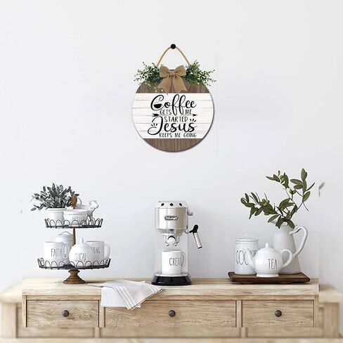 Coffee Get Me Started Jesus Keeps Me Going Sign for Coffee Bar Decor Rustic Farmhouse Wooden Round Coffee Sign Kitchen Decor Coffee Lover Coffee Station Decor Wall Decor for Home Office Kitchen in Saudi Arabia