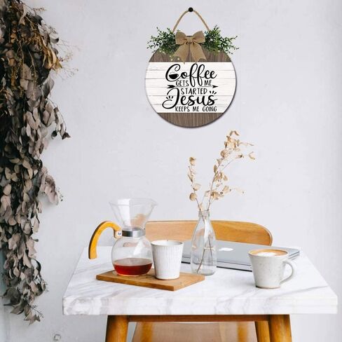 Coffee Get Me Started Jesus Keeps Me Going Sign for Coffee Bar Decor Rustic Farmhouse Wooden Round Coffee Sign Kitchen Decor Coffee Lover Coffee Station Decor Wall Decor for Home Office Kitchen in Saudi Arabia