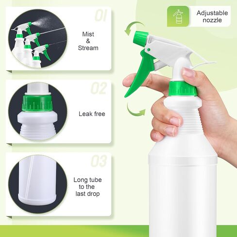 meekoo 10 قطع زجاجات رذاذ بلاستيكية سعة 16 أونصة مع فوهة قابلة للتعديل، زجاجات رذاذ فارغة قابلة لإعادة الملء لحلول التنظيف، سقي النباتات، تدريب الحيوانات، الحمام أو المطبخ، تجاري وسكني in Kuwait