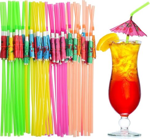ALINK 100 Pcs Umbrella Drink Straws, Plastic Fancy Cocktail Straws, Tropical Luau Party Straws for Hawaiian/Birthday/Pool Party Decorations in Kuwait