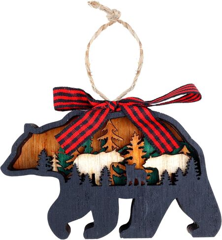 Rustic Wooden Bear Ornament, Farmhouse Wood Carved Christmas Tree Decoration, 2.5 by 4 Inches in Saudi Arabia