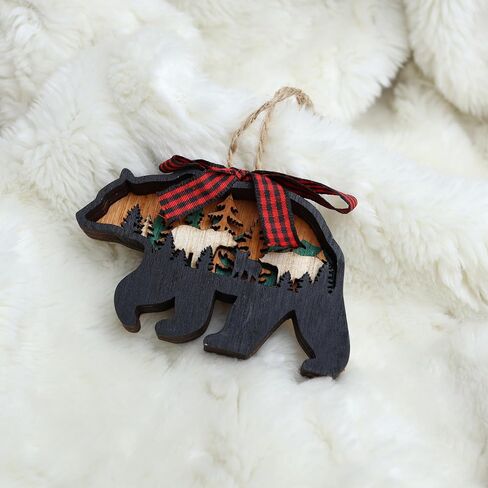 Rustic Wooden Bear Ornament, Farmhouse Wood Carved Christmas Tree Decoration, 2.5 by 4 Inches in Saudi Arabia
