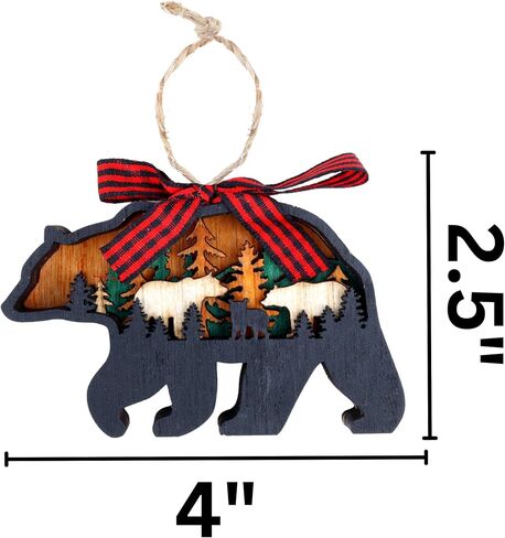 Rustic Wooden Bear Ornament, Farmhouse Wood Carved Christmas Tree Decoration, 2.5 by 4 Inches in Saudi Arabia