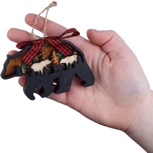 Rustic Wooden Bear Ornament, Farmhouse Wood Carved Christmas Tree Decoration, 2.5 by 4 Inches in Saudi Arabia