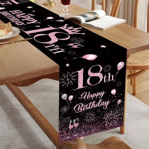 18th Birthday Table Runner Black Pink Happy 18th Birthday Table Runner for 18 Years Old Women Girls Her Celebrate Birthday Party Decorations Non-Slip Dining Table Linen Cover Cloth Decor 72 Inch Long in Saudi Arabia