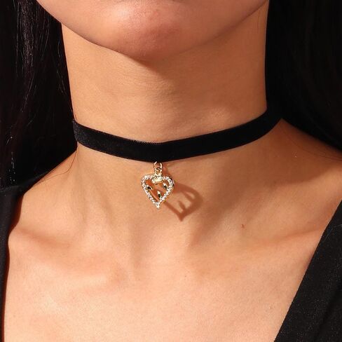 Zeshimb Gothic Black Velvet Choker Necklace Silver Cubic Zirconia Open Heart Collar Necklace Dainty Diamind Love Heart Choker Chain Necklace Cosplay Gifts Jewelry for Women Girls in Saudi Arabia