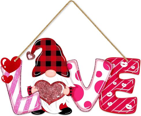 Valentines Day Door Sign Decor Wood, LOVE Letters Gnome Hanging Sign for Front Door Wall Window, Sweet Gnome Welcome Wooden Sign Red Pink Heart Home Decorations in Kuwait